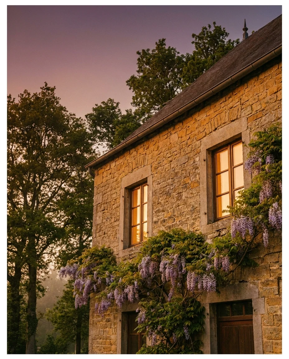 Maison de maître en pierre jaune de la Gaume avec glycine